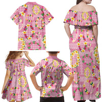 Hawaiian Leis Family Matching Off Shoulder Maxi Dress and Hawaiian Shirt Kakau Tattoos and Palaka Pastel Pink Color