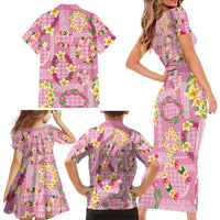 Hawaiian Leis Family Matching Short Sleeve Bodycon Dress and Hawaiian Shirt Kakau Tattoos and Palaka Pastel Pink Color