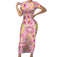 Hawaiian Leis Family Matching Short Sleeve Bodycon Dress and Hawaiian Shirt Kakau Tattoos and Palaka Pastel Pink Color