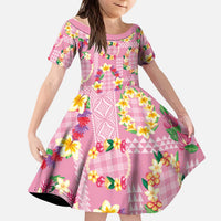 Hawaiian Leis Kid Short Sleeve Dress Kakau Tattoos and Palaka Pastel Pink Color LT03 KID Pink - Polynesian Pride