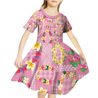 Hawaiian Leis Kid Short Sleeve Dress Kakau Tattoos and Palaka Pastel Pink Color LT03 - Polynesian Pride