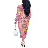 Hawaiian Leis Off The Shoulder Long Sleeve Dress Kakau Tattoos and Palaka Pastel Pink Color