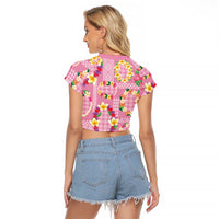 Hawaiian Leis Raglan Cropped T Shirt Kakau Tattoos and Palaka Pastel Pink Color LT03 - Polynesian Pride