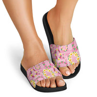 Hawaiian Leis Slide Sandals Kakau Tattoos and Palaka Pastel Pink Color LT03 - Polynesian Pride