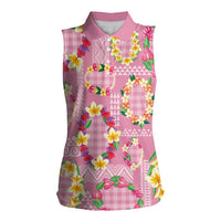 Hawaiian Leis Women Sleeveless Polo Shirt Kakau Tattoos and Palaka Pastel Pink Color