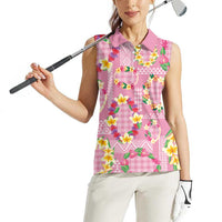 Hawaiian Leis Women Sleeveless Polo Shirt Kakau Tattoos and Palaka Pastel Pink Color