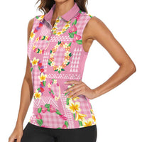 Hawaiian Leis Women Sleeveless Polo Shirt Kakau Tattoos and Palaka Pastel Pink Color