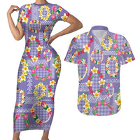 Hawaiian Leis Couples Matching Short Sleeve Bodycon Dress and Hawaiian Shirt Kakau Tattoos and Palaka Pastel Purple Color