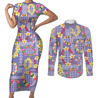 Hawaiian Leis Couples Matching Short Sleeve Bodycon Dress and Long Sleeve Button Shirt Kakau Tattoos and Palaka Pastel Purple Color