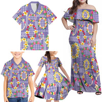 Hawaiian Leis Family Matching Off Shoulder Maxi Dress and Hawaiian Shirt Kakau Tattoos and Palaka Pastel Purple Color