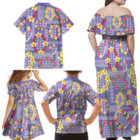 Hawaiian Leis Family Matching Off Shoulder Maxi Dress and Hawaiian Shirt Kakau Tattoos and Palaka Pastel Purple Color