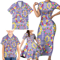 Hawaiian Leis Family Matching Short Sleeve Bodycon Dress and Hawaiian Shirt Kakau Tattoos and Palaka Pastel Purple Color