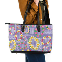 Hawaiian Leis Leather Tote Bag Kakau Tattoos and Palaka Pastel Purple Color LT03 - Polynesian Pride