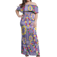 Hawaiian Leis Off Shoulder Maxi Dress Kakau Tattoos and Palaka Pastel Purple Color LT03 Women Purple - Polynesian Pride