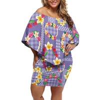 Hawaiian Leis Off Shoulder Short Dress Kakau Tattoos and Palaka Pastel Purple Color