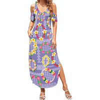 Hawaiian Leis Summer Maxi Dress Kakau Tattoos and Palaka Pastel Purple Color LT03 Women Purple - Polynesian Pride