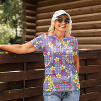 Hawaiian Leis Women Polo Shirt Kakau Tattoos and Palaka Pastel Purple Color