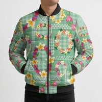 Hawaiian Leis Bomber Puffer Jacket Kakau Tattoos and Palaka Pastel Green Color LT03 - Polynesian Pride