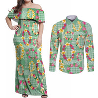 Hawaiian Leis Couples Matching Off Shoulder Maxi Dress and Long Sleeve Button Shirt Kakau Tattoos and Palaka Pastel Green Color