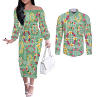 Hawaiian Leis Couples Matching Off The Shoulder Long Sleeve Dress and Long Sleeve Button Shirt Kakau Tattoos and Palaka Pastel Green Color