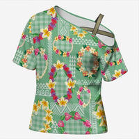 Hawaiian Leis Cross Shoulder Shirt Kakau Tattoos and Palaka Pastel Green Color LT03 Female Green - Polynesian Pride