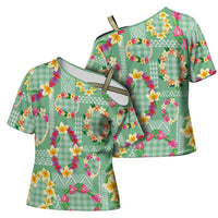 Hawaiian Leis Cross Shoulder Shirt Kakau Tattoos and Palaka Pastel Green Color LT03 - Polynesian Pride