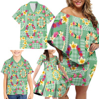 Hawaiian Leis Family Matching Off Shoulder Short Dress and Hawaiian Shirt Kakau Tattoos and Palaka Pastel Green Color