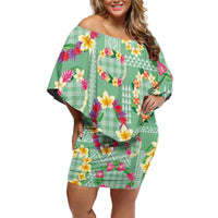 Hawaiian Leis Family Matching Off Shoulder Short Dress and Hawaiian Shirt Kakau Tattoos and Palaka Pastel Green Color