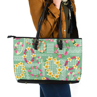 Hawaiian Leis Leather Tote Bag Kakau Tattoos and Palaka Pastel Green Color LT03 - Polynesian Pride