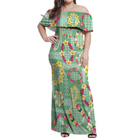Hawaiian Leis Off Shoulder Maxi Dress Kakau Tattoos and Palaka Pastel Green Color LT03 Women Green - Polynesian Pride