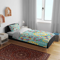 Hawaiian Leis Bedding Set Kakau Tattoos and Palaka Pastel Teal Color LT03 - Polynesian Pride