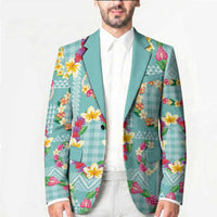 Hawaiian Leis Blazer Kakau Tattoos and Palaka Pastel Teal Color LT03 - Polynesian Pride