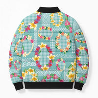 Hawaiian Leis Bomber Puffer Jacket Kakau Tattoos and Palaka Pastel Teal Color LT03 - Polynesian Pride