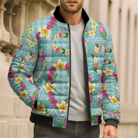 Hawaiian Leis Bomber Puffer Jacket Kakau Tattoos and Palaka Pastel Teal Color LT03 - Polynesian Pride