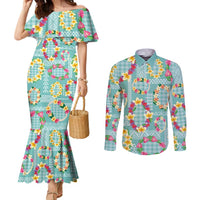Hawaiian Leis Couples Matching Mermaid Dress and Long Sleeve Button Shirt Kakau Tattoos and Palaka Pastel Teal Color