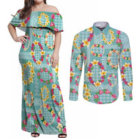 Hawaiian Leis Couples Matching Off Shoulder Maxi Dress and Long Sleeve Button Shirt Kakau Tattoos and Palaka Pastel Teal Color