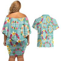 Hawaiian Leis Couples Matching Off Shoulder Short Dress and Hawaiian Shirt Kakau Tattoos and Palaka Pastel Teal Color