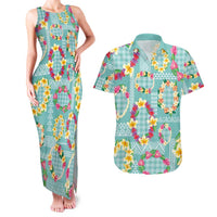 Hawaiian Leis Couples Matching Tank Maxi Dress and Hawaiian Shirt Kakau Tattoos and Palaka Pastel Teal Color