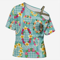 Hawaiian Leis Cross Shoulder Shirt Kakau Tattoos and Palaka Pastel Teal Color LT03 Female Teal - Polynesian Pride