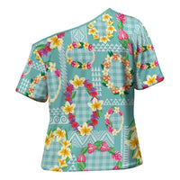 Hawaiian Leis Cross Shoulder Shirt Kakau Tattoos and Palaka Pastel Teal Color LT03 - Polynesian Pride