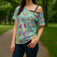 Hawaiian Leis Cross Shoulder Shirt Kakau Tattoos and Palaka Pastel Teal Color LT03 - Polynesian Pride