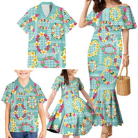 Hawaiian Leis Family Matching Mermaid Dress and Hawaiian Shirt Kakau Tattoos and Palaka Pastel Teal Color
