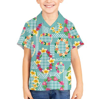 Hawaiian Leis Family Matching Off Shoulder Short Dress and Hawaiian Shirt Kakau Tattoos and Palaka Pastel Teal Color