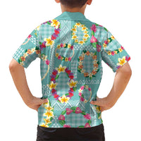 Hawaiian Leis Family Matching Puletasi and Hawaiian Shirt Kakau Tattoos and Palaka Pastel Teal Color
