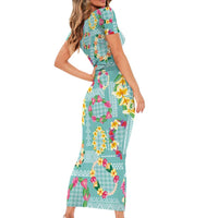 Hawaiian Leis Family Matching Short Sleeve Bodycon Dress and Hawaiian Shirt Kakau Tattoos and Palaka Pastel Teal Color