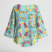 Hawaiian Leis Kimono Sleeve Blouse Kakau Tattoos and Palaka Pastel Teal Color LT03 - Polynesian Pride
