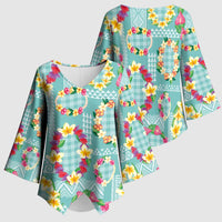 Hawaiian Leis Kimono Sleeve Blouse Kakau Tattoos and Palaka Pastel Teal Color LT03 - Polynesian Pride
