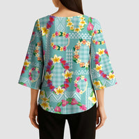 Hawaiian Leis Kimono Sleeve Blouse Kakau Tattoos and Palaka Pastel Teal Color LT03 - Polynesian Pride
