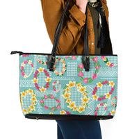 Hawaiian Leis Leather Tote Bag Kakau Tattoos and Palaka Pastel Teal Color LT03 - Polynesian Pride