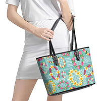 Hawaiian Leis Leather Tote Bag Kakau Tattoos and Palaka Pastel Teal Color LT03 - Polynesian Pride